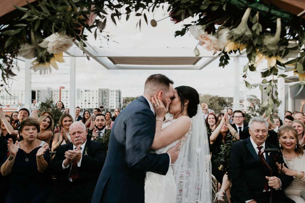 First kiss at Tampa rooftop wedding venue