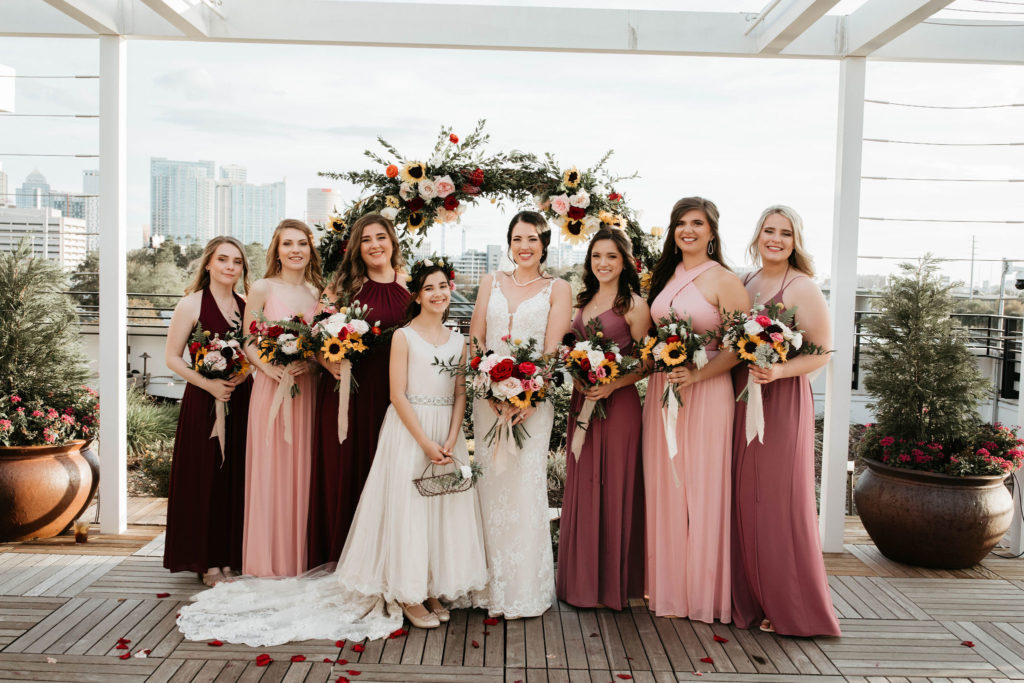 Wedding party in shades of pink dresses in Tampa, FL