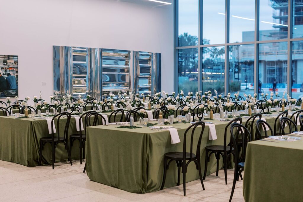 modern black and green wedding reception at Tampa museum